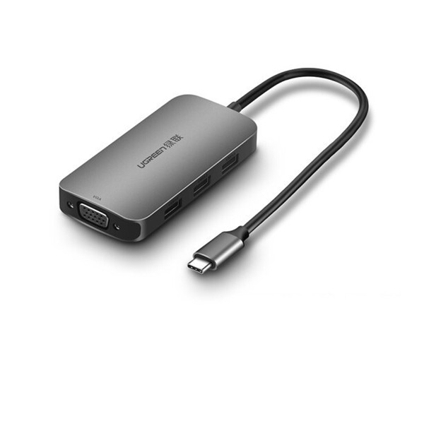 Cáp chuyển đổi USB-C dương Sang 1*VGA âm, 3*USB 3.0 âm có kèm cổng USB-C Power PD vỏ bọc nhôm dài 15cm màu Xám bạc Ugreen TC50210CM136 Hàng chính hãng.