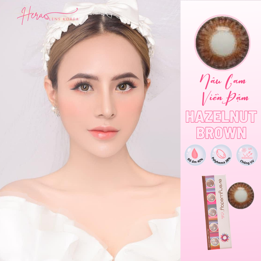 Kính Áp Tròng Hera Nâu Cam Viền Đậm 0 - 7 Độ HAZELNUT BROWN Nhập Khẩu Hàn Quốc Lens Cận 1 Ngày