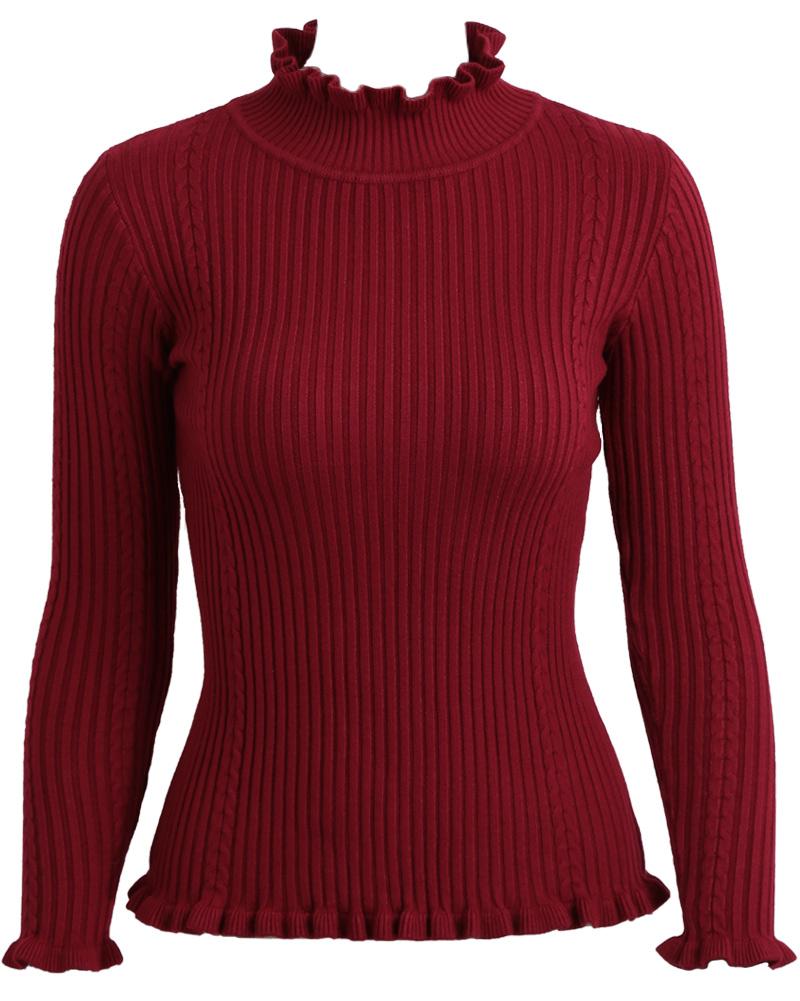Women Ribbed Knitted Pullover Sweaters Turtle Neck Ruffles Solid Slim Stretchy Jumpers Knitting Top
