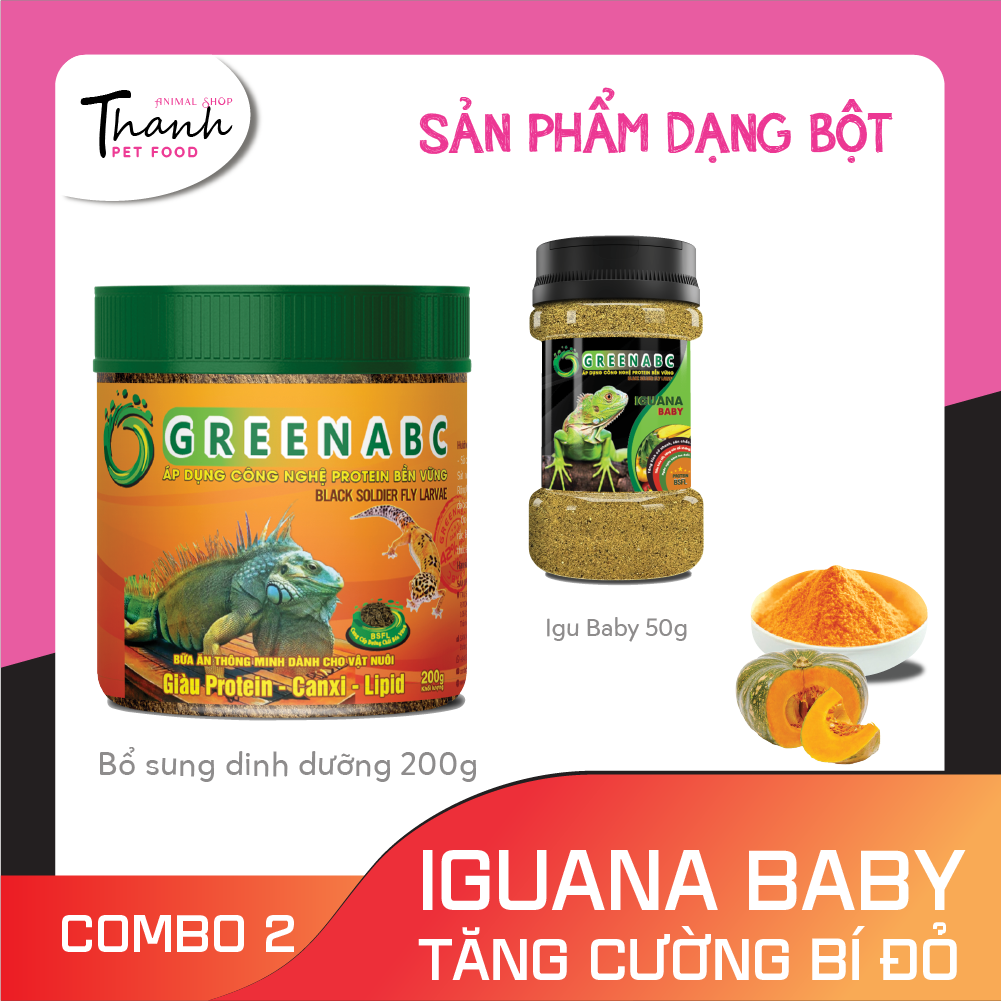 Thức ăn bò sát Iguana Baby nhãn GREENABC vị bí đỏ dùng cho Iguana từ mới nở cho đến 9x – Tăng trưởng nhanh, lên màu đẹp, phòng chống MBD, teo đuôi – Hộp 230g