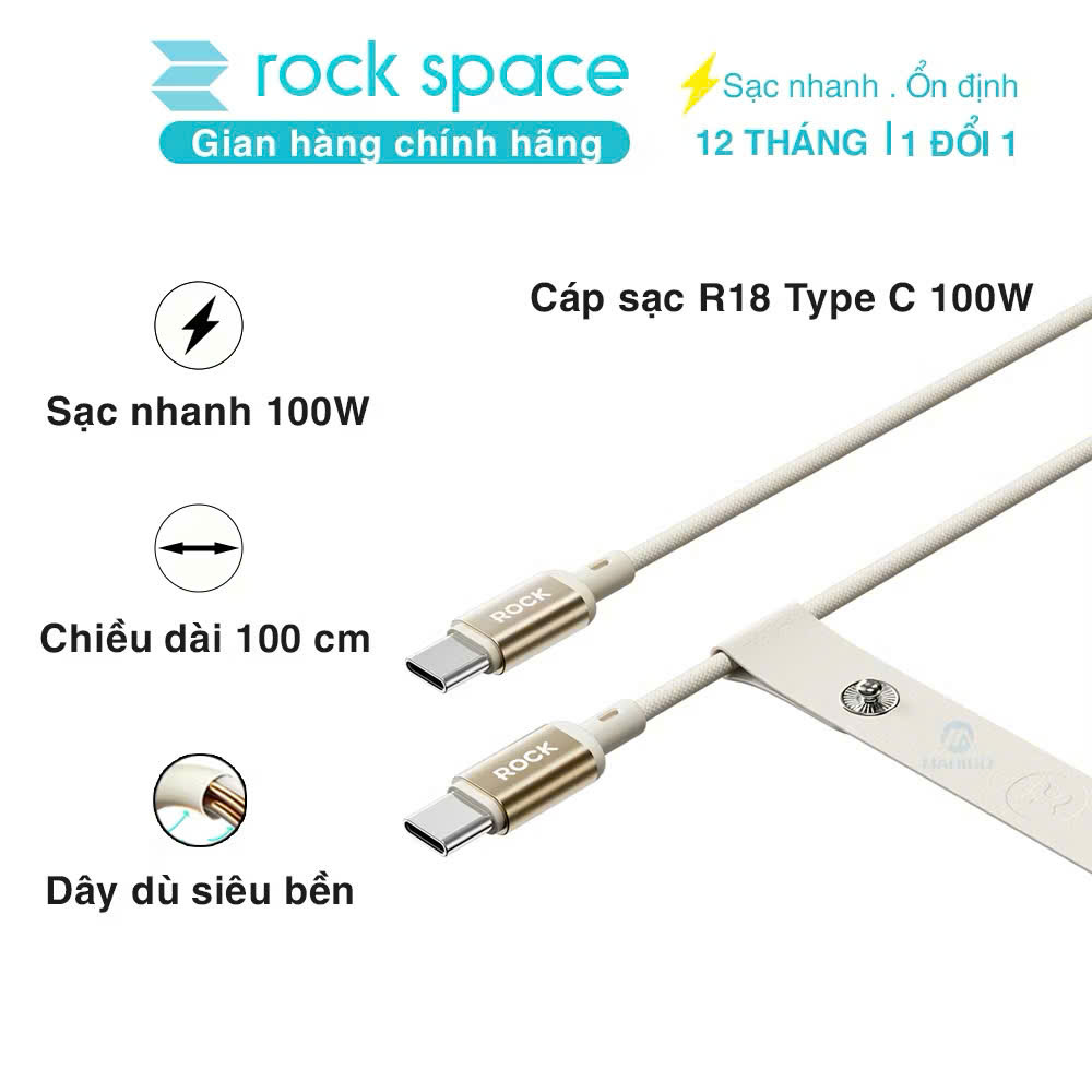 Dây cáp sạc nhanh 100W ROCKSPACE R18 chuẩn typeC to typeC - Hàng chính hãng bảo hành 12 tháng