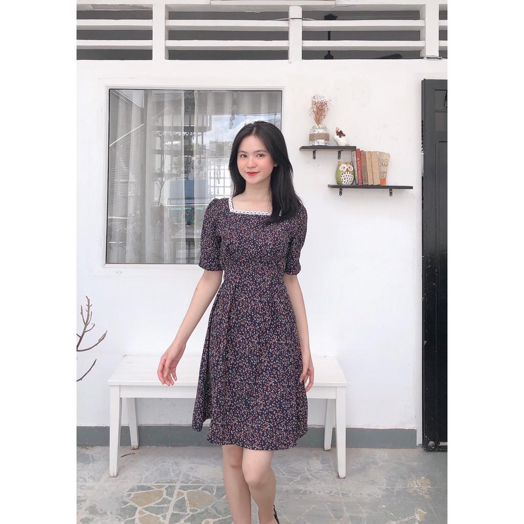 ĐẦM HOA NHÍ XANH ĐẬM CỔ VUÔNG DÁNG XÒE TAY NGẮN-hình thật shop chụp