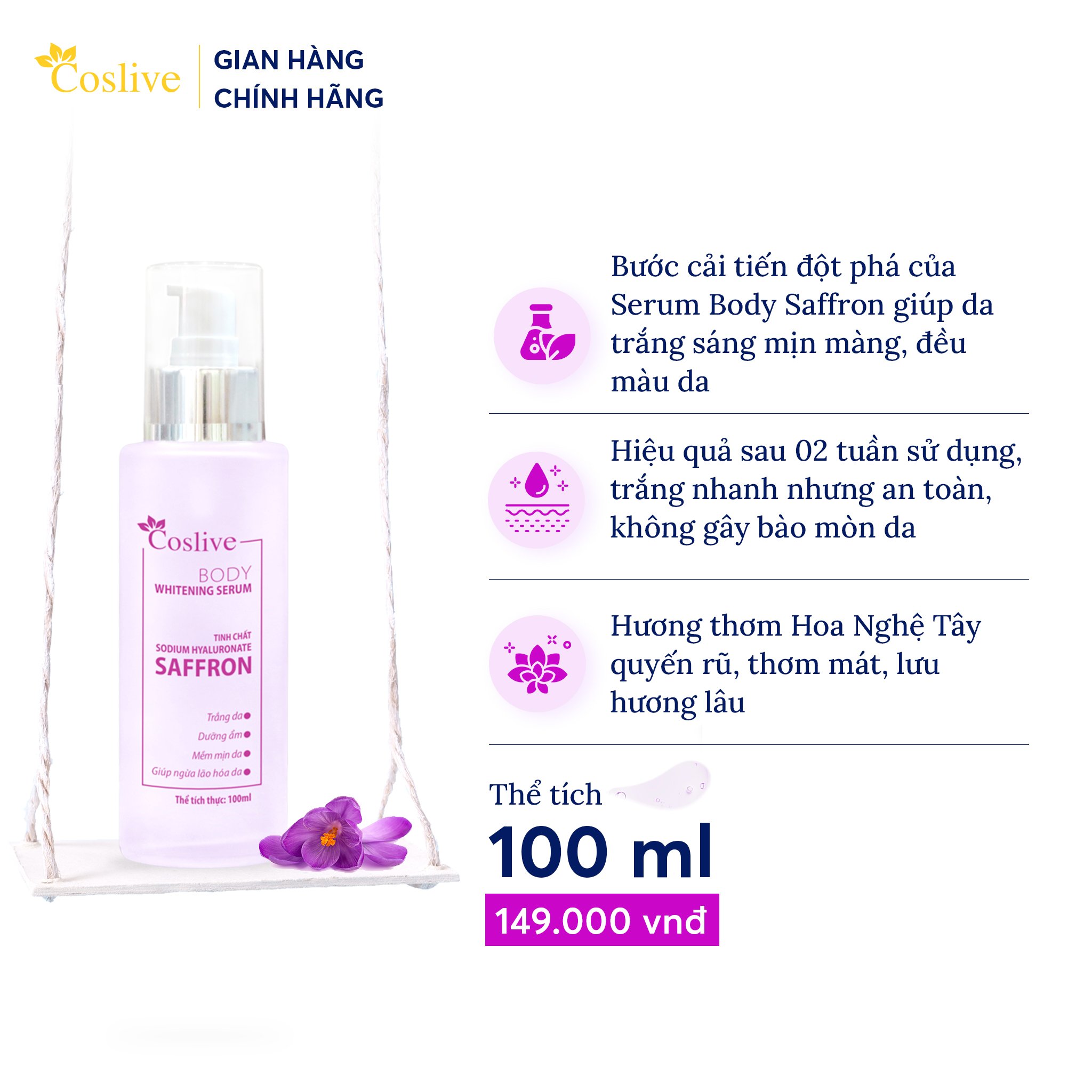 SERUM TRẮNG DA, DƯỠNG ẨM, NGĂN NGỪA LÃO HÓA DA TOÀN THÂN 100ML COSLIVE