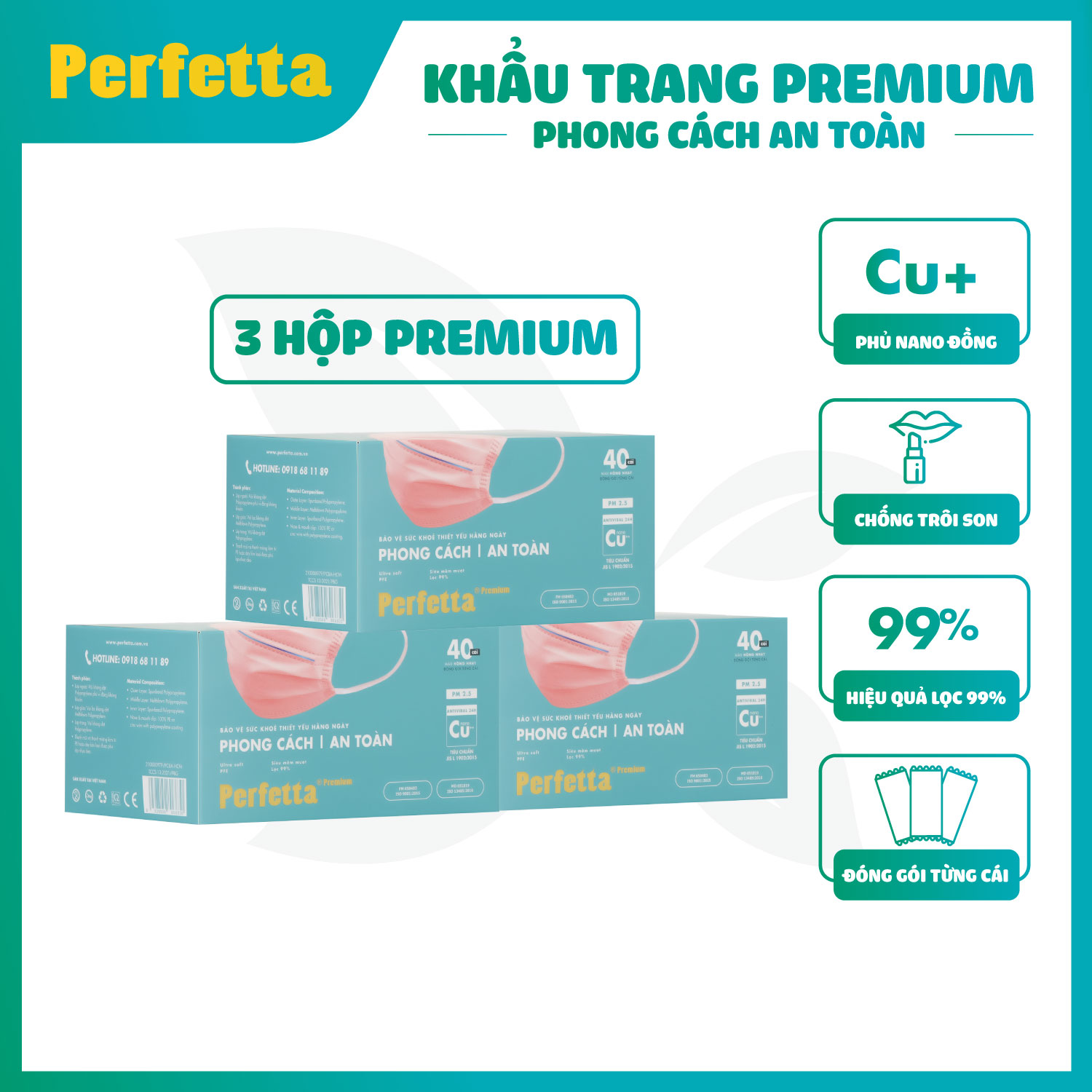 Combo 3 Hộp - Khẩu Trang Y Tế Cao Cấp Perfetta Premium, Đóng Gói Riêng Từng Cái (40 cái/hộp)