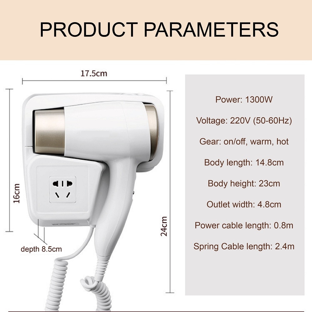 Máy sấy tóc treo tường gia đình khách sạn tích hợp ổ cắm điện Hotel Household Wall-Mounted Hair Dryer 1300W