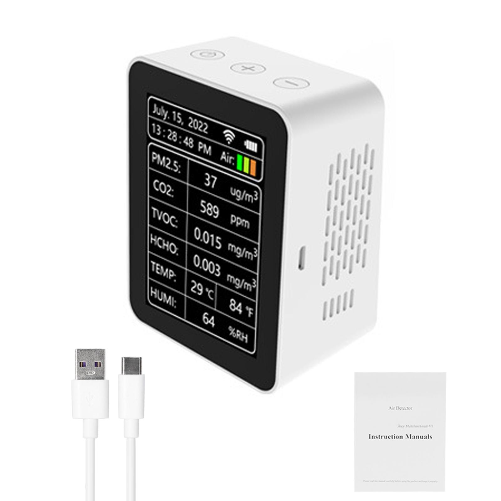 Tuya WiFi Intelligent Air Quality Detector PM2.5 CO2 TVOC HCHO Temperature Humidity AQI 7 In 1 Detector Time Date Week Display Mobilephone APP Remotes Viewing Home Indoor Desktop Air Quality Monitor