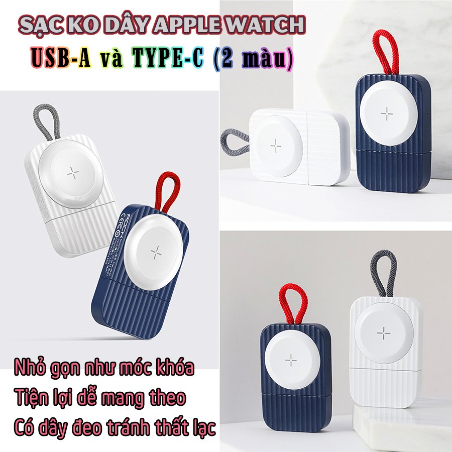 Sạc dành cho Apple Watch không dây bỏ túi thương hiệu ROCK W26 chính hãng - cổng sạc Type C và USB-A - Trắng