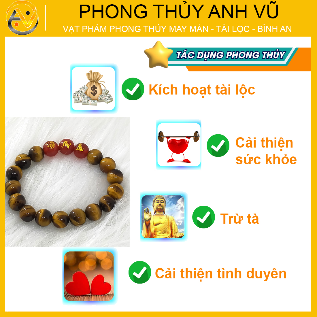 Vòng tam hợp dần ngọ tuất đã khai quang - chất liệu mắt hổ tự nhiên - vòng tay phong thủy may mắn tài lộc - Vòng Tam Hợp Anh Vũ