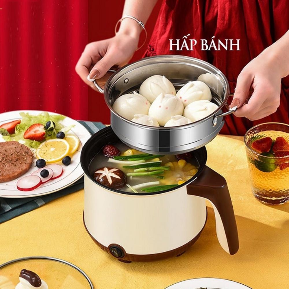 Nồi lẩu mini đa năng, ca nấu mì 18cm 2 nấc nhiệt kèm giá hấp, đế chống dính, chiên xào, hấp, luộc, ăn lẩu tiện dụng