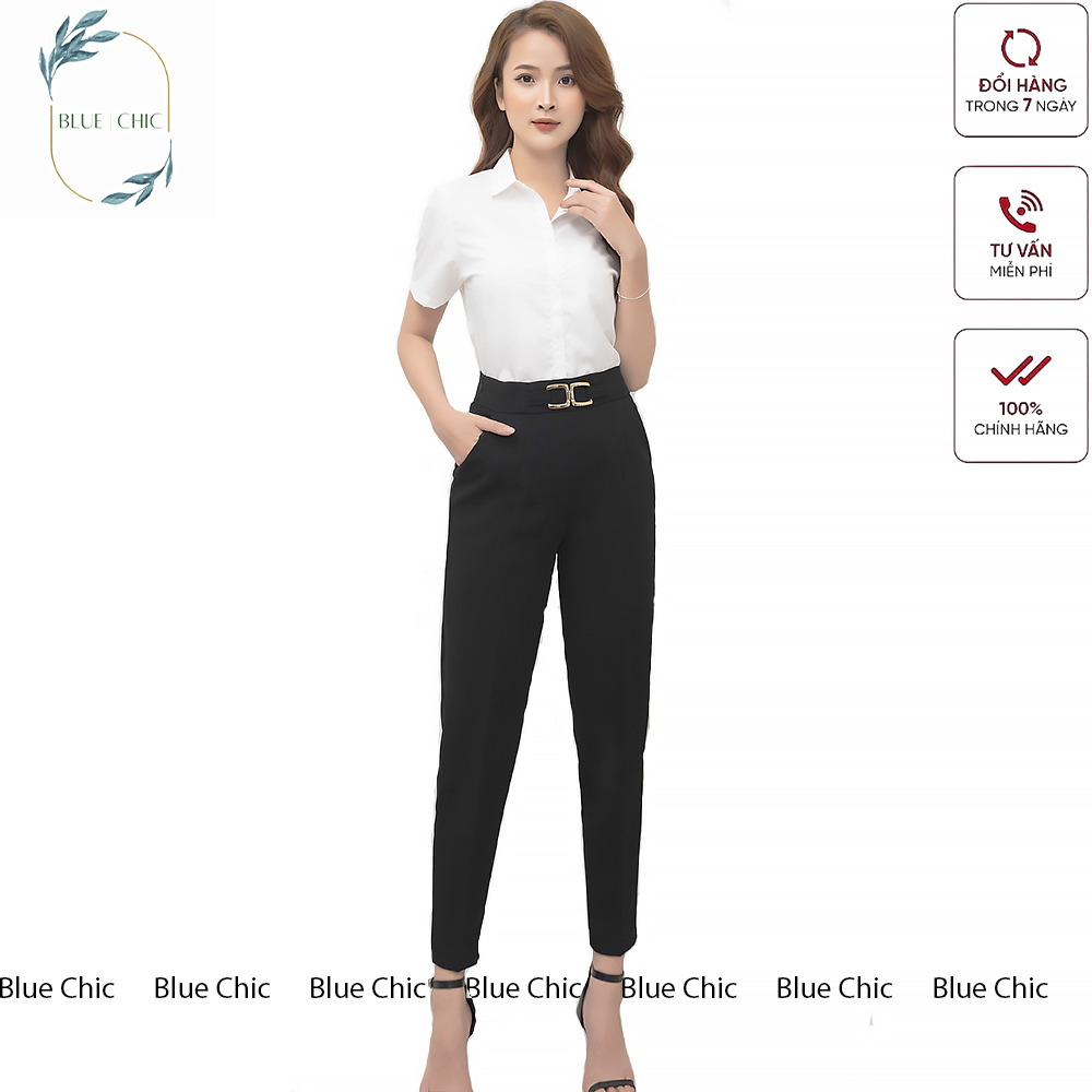 Quần baggy nữ Blue Chic đai 2 ô vuông, khóa kéo sườn giọt lệ, đồ công sở form chuẩn, mặc tôn dáng màu đen