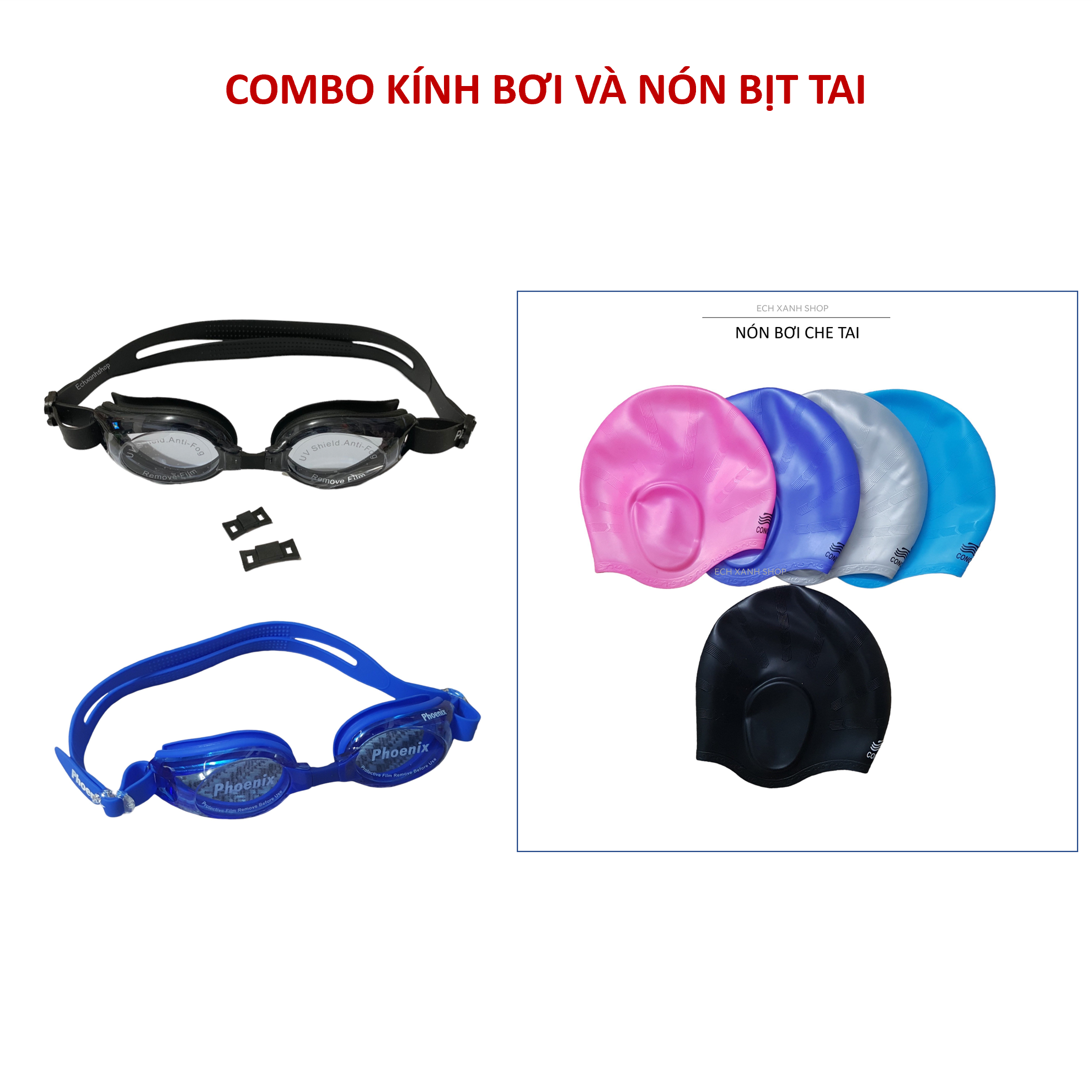 Combo nón bơi che tai dạng trơn và kính bơi Pn401