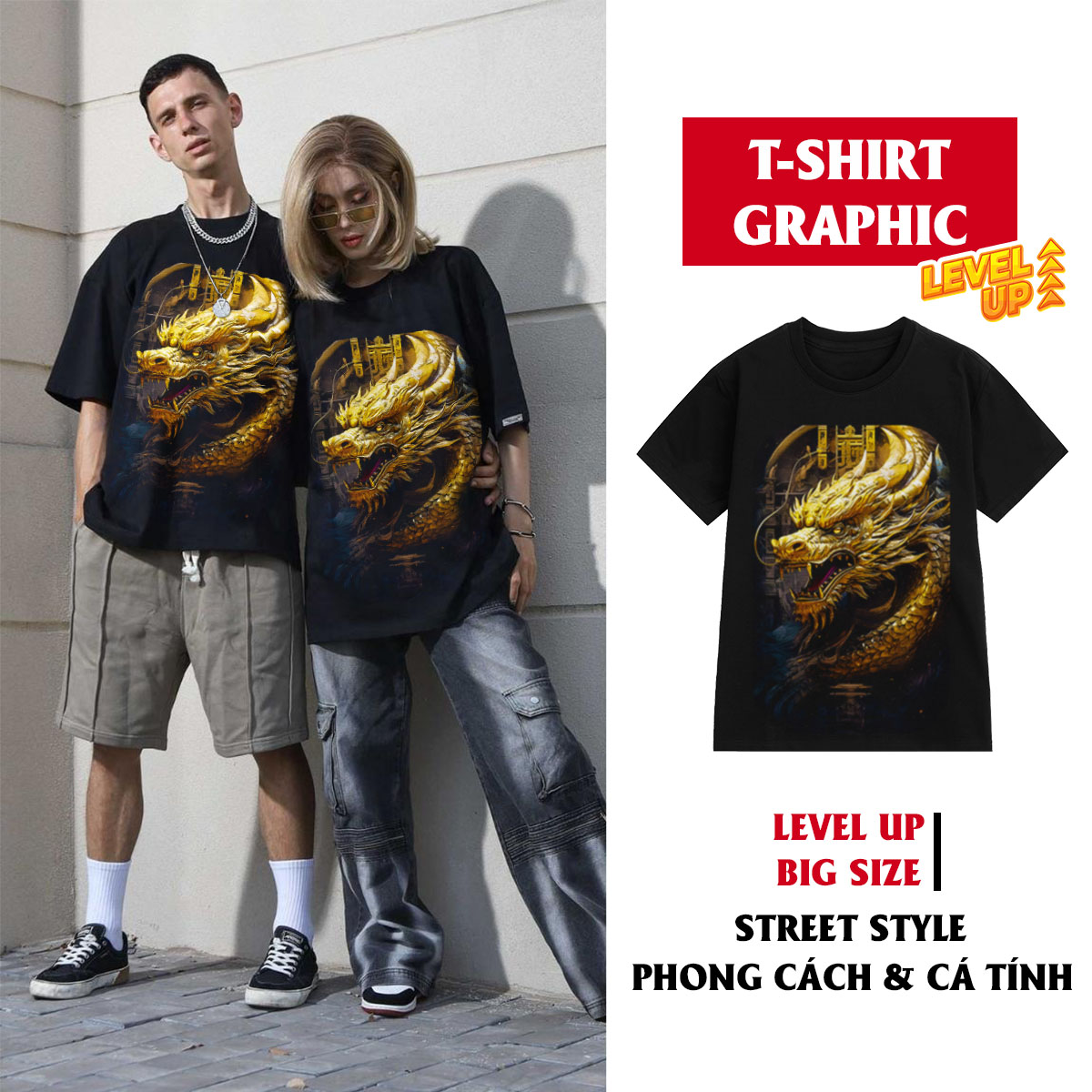 Áo thun nam cổ tròn tay ngắn TeeSett big size boy phố cotton màu đen in hình rồng vàng graphic design