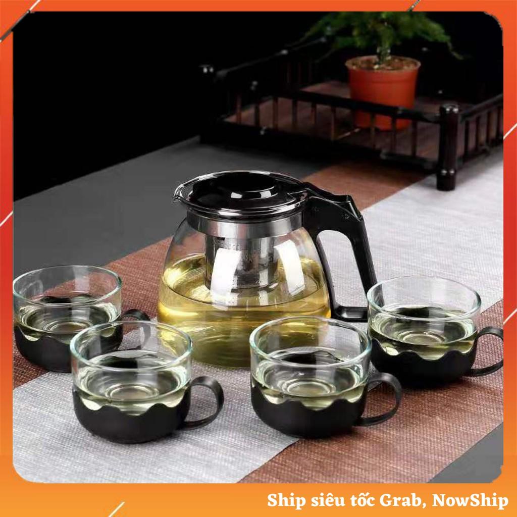 Bộ Ấm Trà Thủy Tinh Có Lưới Lọc Kèm 4 Cốc Chống Nóng Cao Cấp