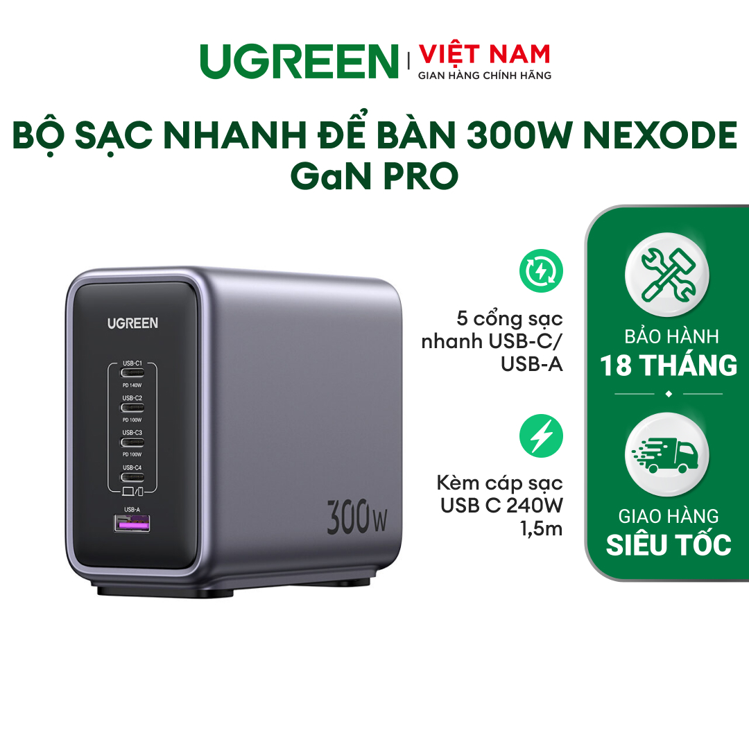 Bộ sạc nhanh để bàn UGREEN 300W Nexode GaN Pro CD333 | 5 cổng sạc nhanh USB-C/USB-A | Kèm cáp sạc USB C 240W 1,5m | Hàng chính hãng - Bảo hành 18 tháng | 90903B