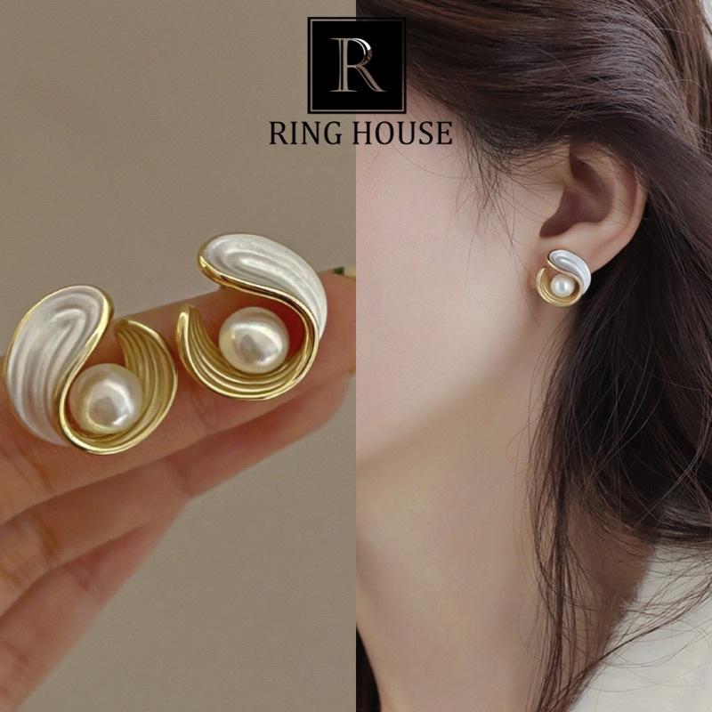 Khuyên Tai Bông Tai Nữ Lạ Mắt Xoắn Trắng Hạt Trai Đẹp Ring House