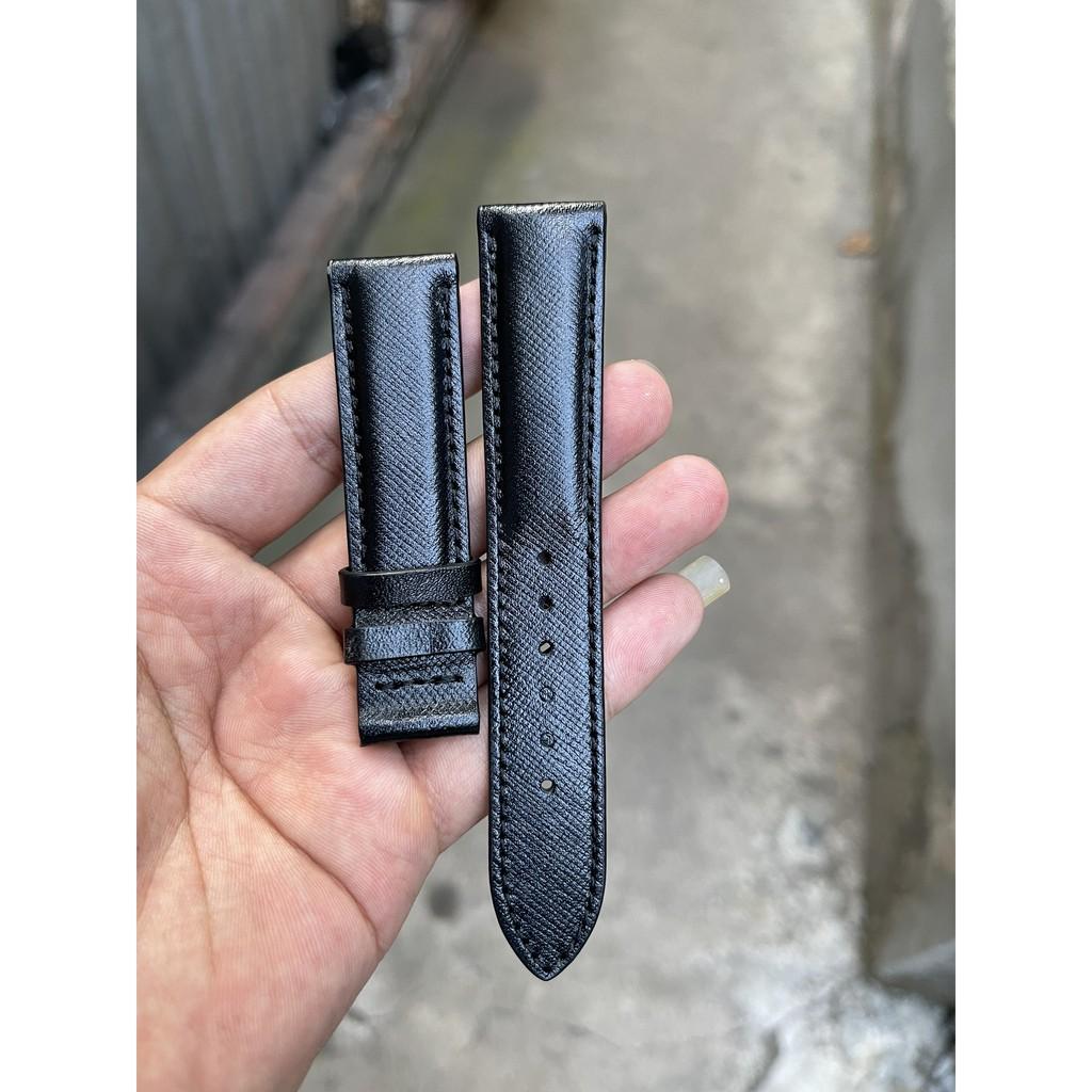 Dây đồng hồ da bò Saffiano màu đen da thật 100% tặng khóa chốt có size lẻ 18-16,19-16,19-18,20-18,21-18,21-20,22-20