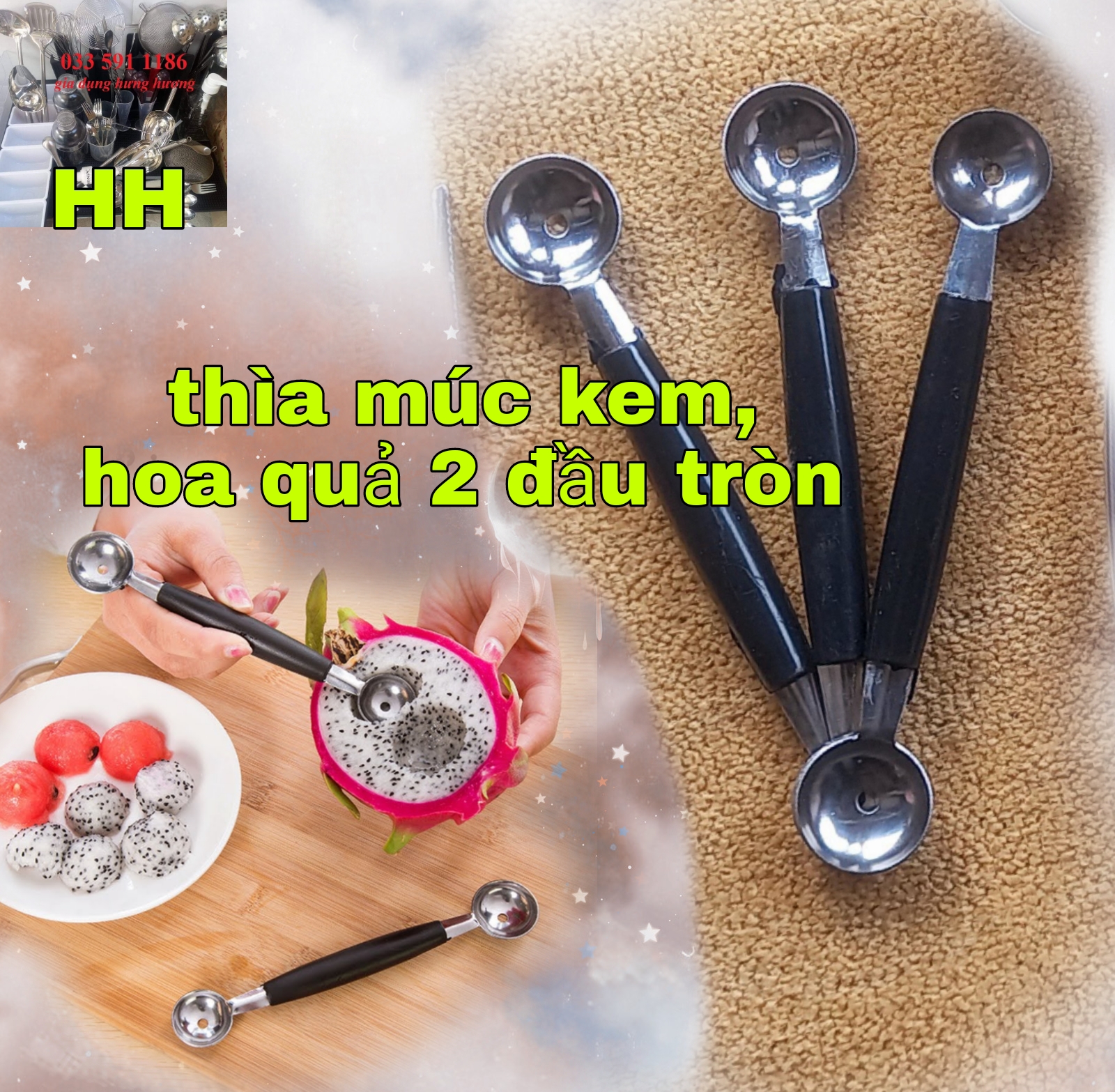 thìa múc hoa quả 2 đầu, dụng cụ pha chế