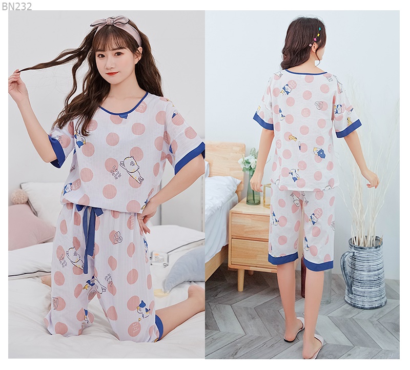 Bộ lửng mặc nhà Đồ ngủ nữ tay lửng chất vải cotton crepe mịn thoáng mát hàng đẹp chuẩn