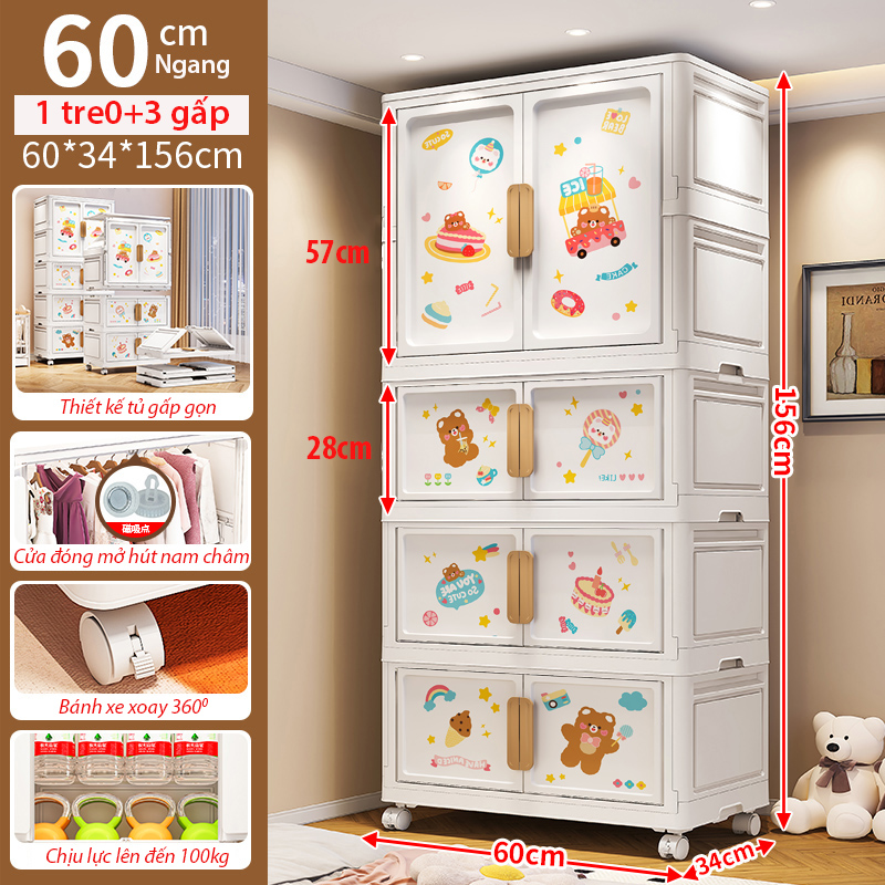 Tủ Nhựa Gấp Gọn Hoạt Hình Có Ngăn Treo Quần Áo Nubie, Hộp Gấp Đựng Đồ Thông Minh, Tháo Lắp Dễ Dàng, Có Thể Tách Tầng