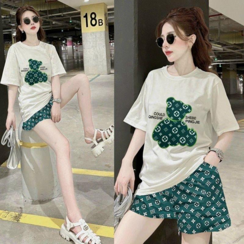 Sét bộ đồ đùi nữ mặc đi làm đi chơi thêu hình gấu siêu xinh, bộ đồ mặc ở nhà quần ngắn thun cotton siêu mát