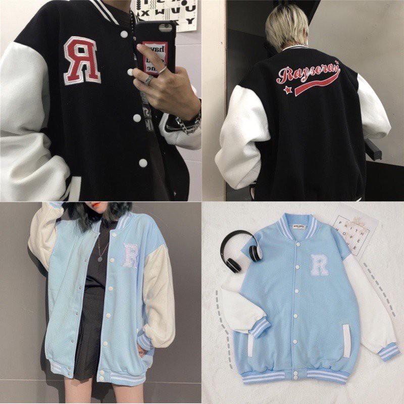 Áo bomber bóng chày nữ chữ R áo khoác nỉ bông đen xanh chữ thêu bo chun dệt thời trang nam nữ