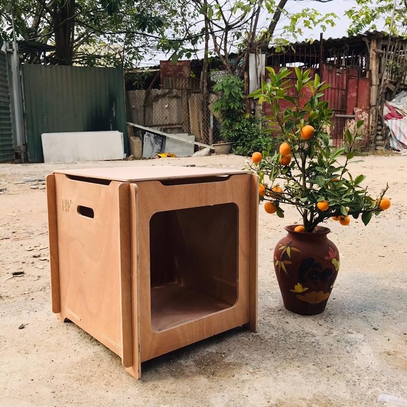 Nhà hộp vuông cho mèo, size L, gỗ Plywood thô chịu nước.