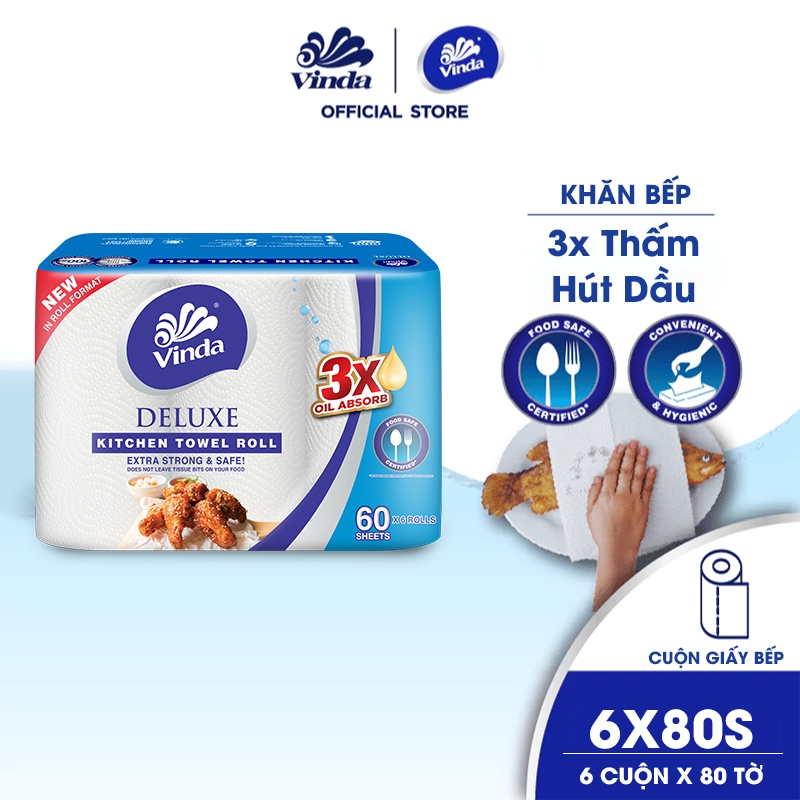 [MUA 1 THÙNG KHĂN BẾP CUỘN TẶNG 1 LỐC KHĂN RÚT SIZE M ] Khăn giấy bếp đa năng siêu thấm Vinda Deluxe (6 Cuộn)