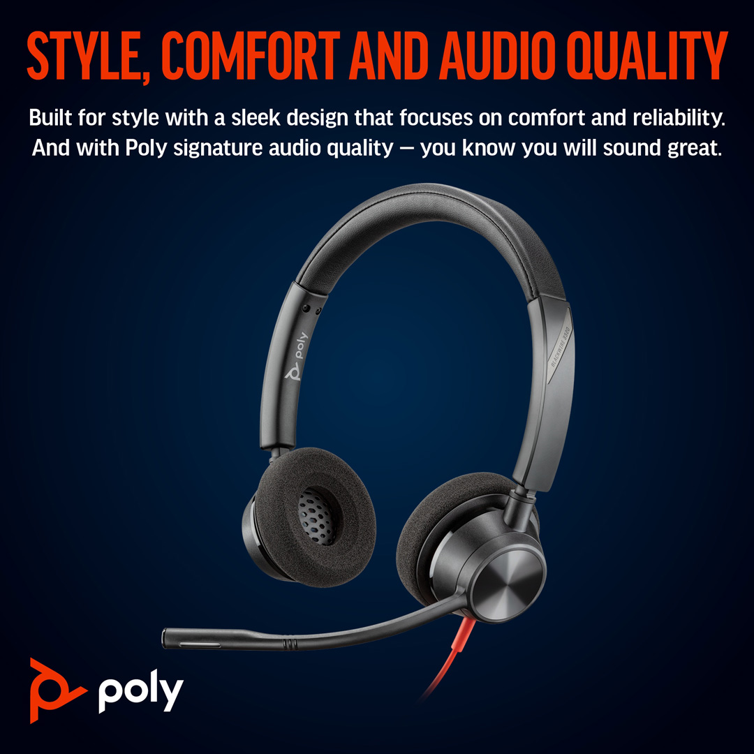 Tai nghe có dây Poly Blackwire 3320 Stereo Microsoft Teams Certified USB-C Headset +USB-C/A Adapter - Hàng Chính Hãng