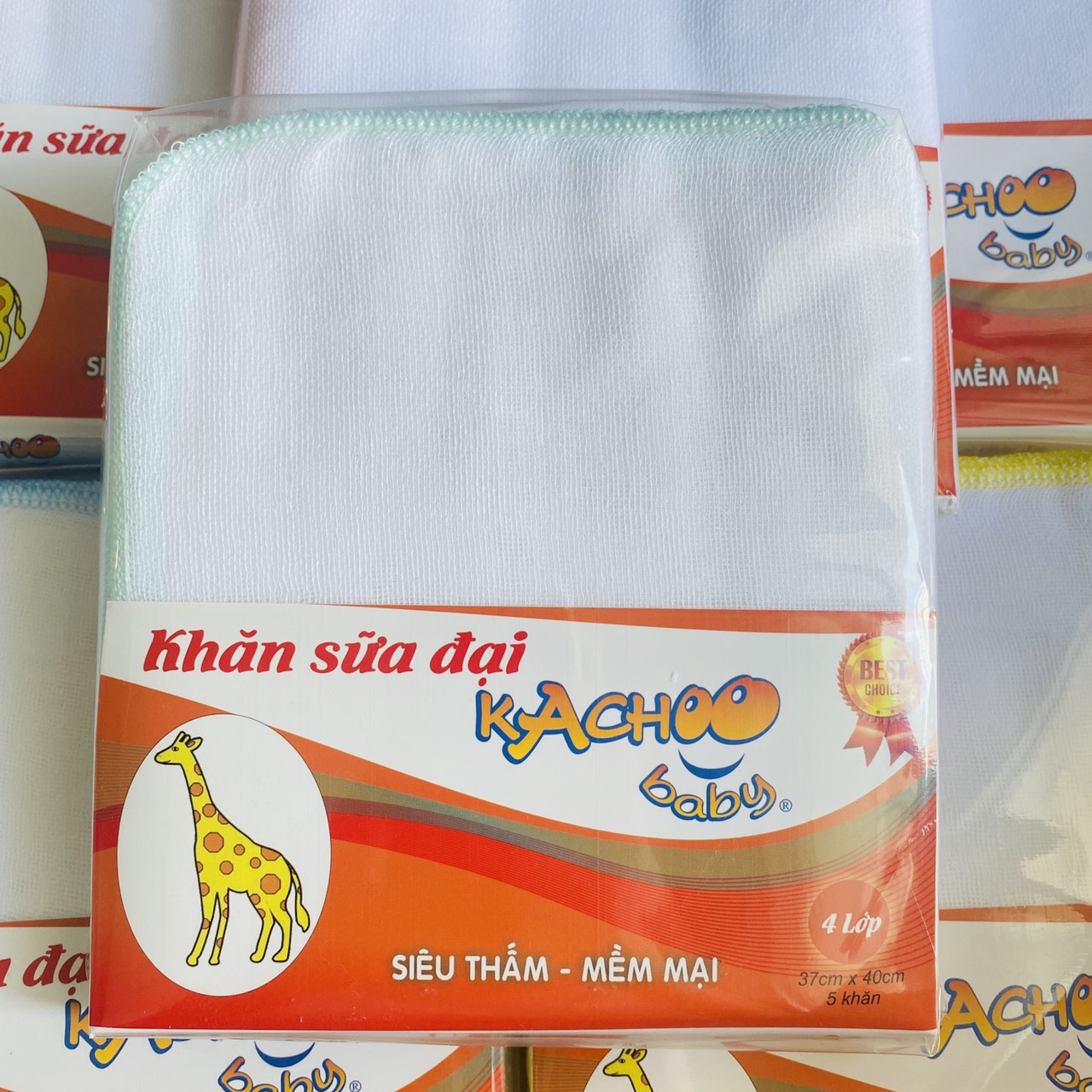 Khăn sữa sơ sinh 4 Lớp Sợi Mềm Kachoo Baby- Loại lớn- 1 Túi 5 cái khăn xô 4 lớp kích thước 37x40cm