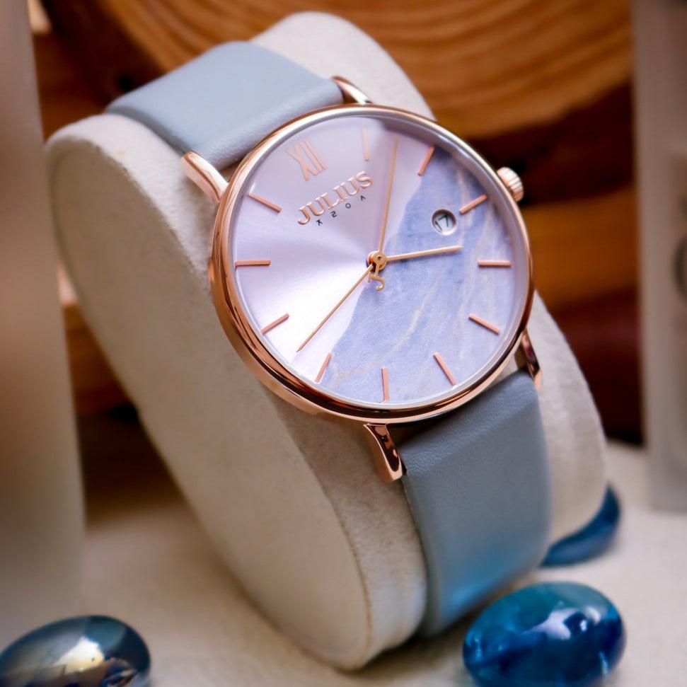 Đồng Hồ Nữ Chính Hãng Julius Cao Cấp Dây Da Mặt Tròn Chống Nước Kính Khoáng Đường Kính 36mm JA-1312B