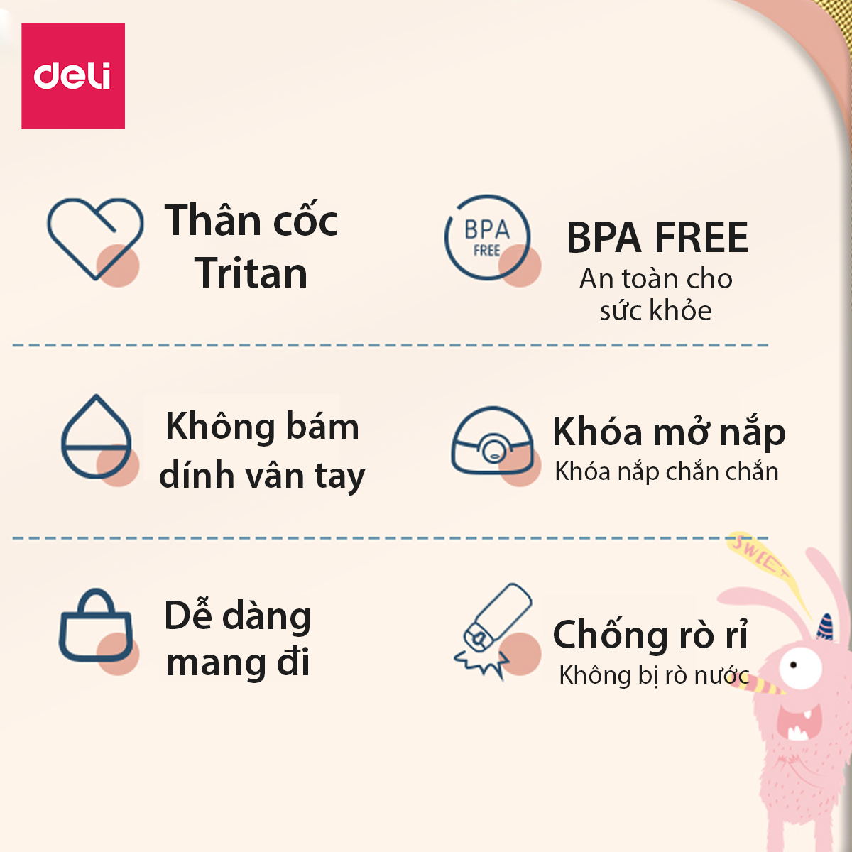 Bình Nước Bằng Nhựa Tritan Nắp Bật 480 600 ml Có Chia Vạch Nước Họa Tiết Dễ Thương Deli - BPA Free An Toàn Cho Sức Khỏe - Phù Hợp Bình Nước Thể Thao Cho Bé Tới Trường - 17661 17662