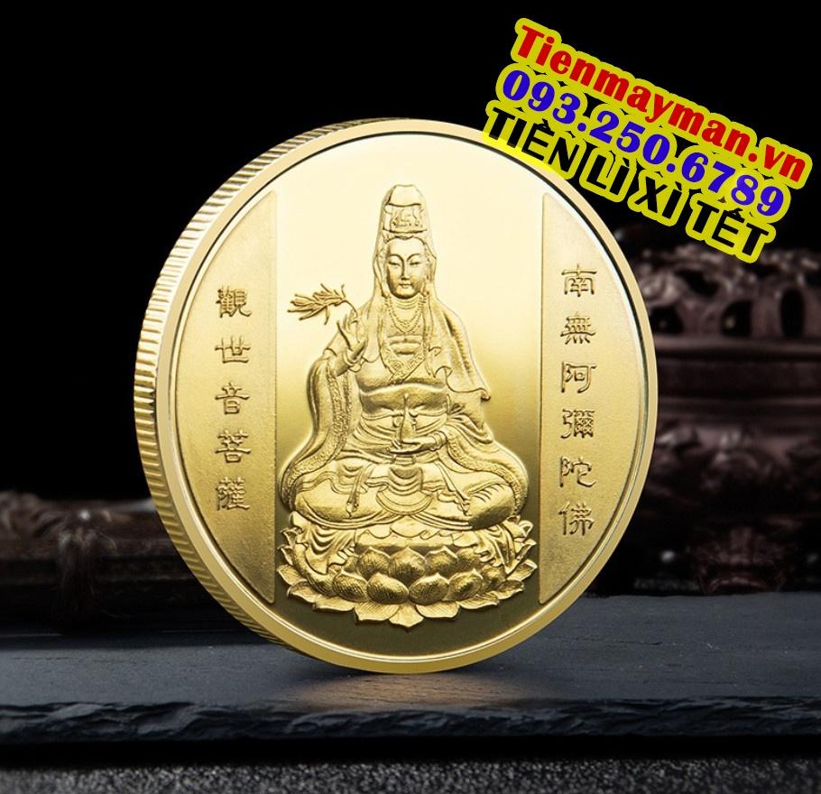 Đồng Xu Quan Âm Bồ Tát Phong Thuỷ May Mắn Tặng Kèm Túi Gấm, Tiền lì xì tết 2023 , NELI