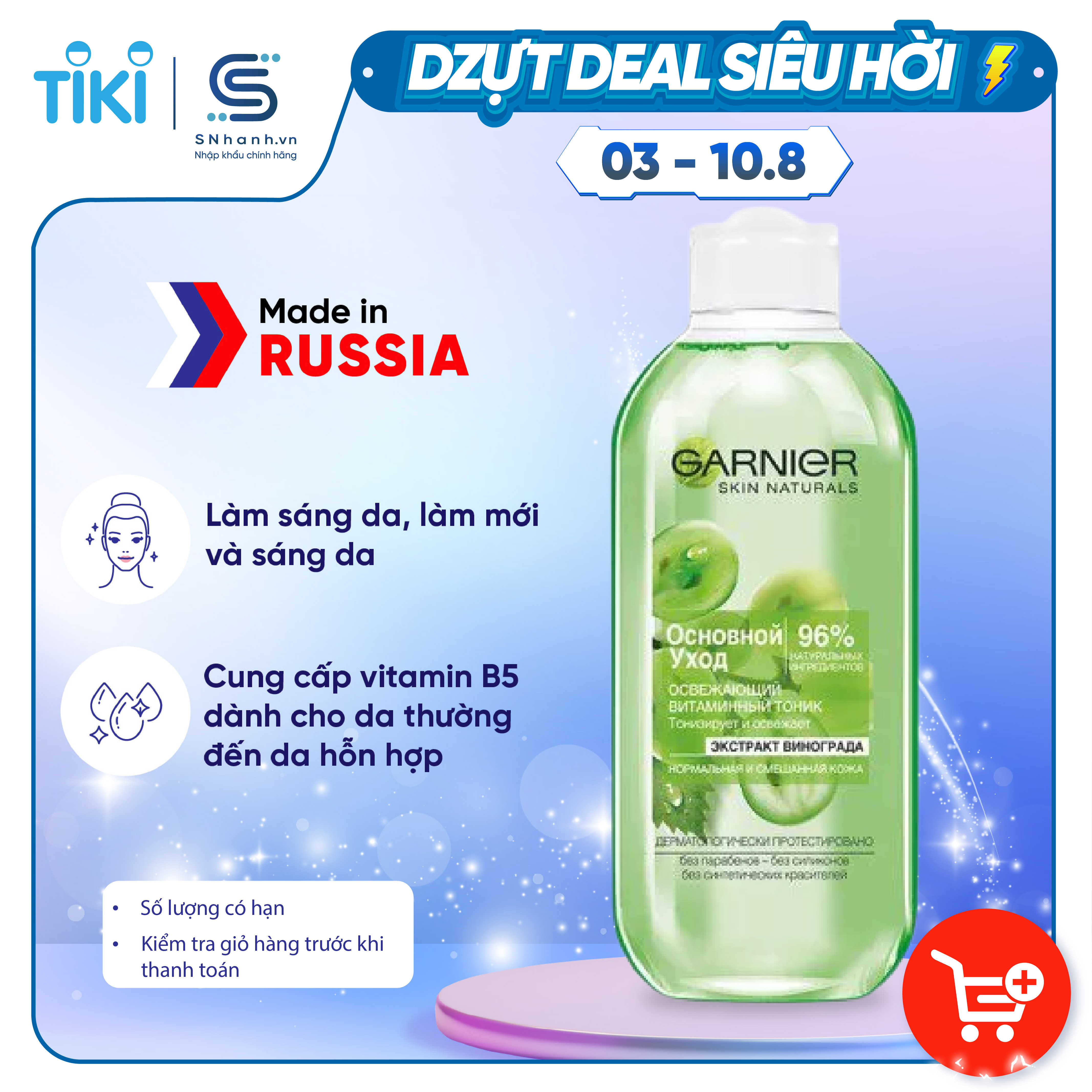 Toner Garnier nho xanh 96% tinh chất tự nhiên 200ml