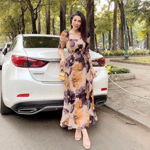 Đầm nữ ĐẦM ÔM XÒE HOA TAY LỠ CỔ VUÔNG