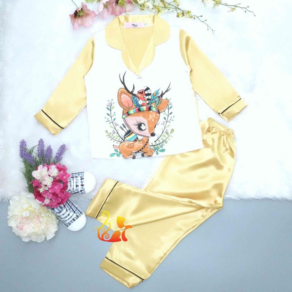 Bộ Đồ Pijama Phi Lụa &quot;Hình Nai&quot; Tay Dài Cho Bé - Từ 12kg - 42kg