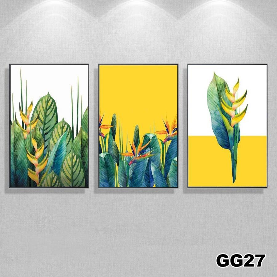 Tranh treo tường canvas 3 bức phong cách hiện đại Bắc Âu 203, tranh hoa lá trang trí phòng khách, phòng ngủ, spa, decor