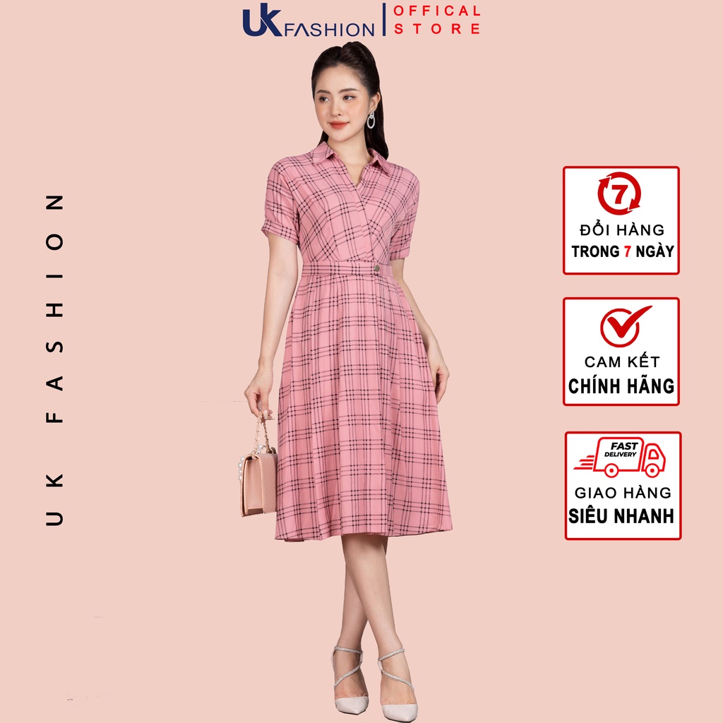 Đầm Nữ Xếp Ly Kẻ Caro UK Fashion Cổ Sơ Mi Tay Cánh Dơi, Chất Liệu Nhập Hàn Cao Cấp Mềm Mịn NKDV2206002