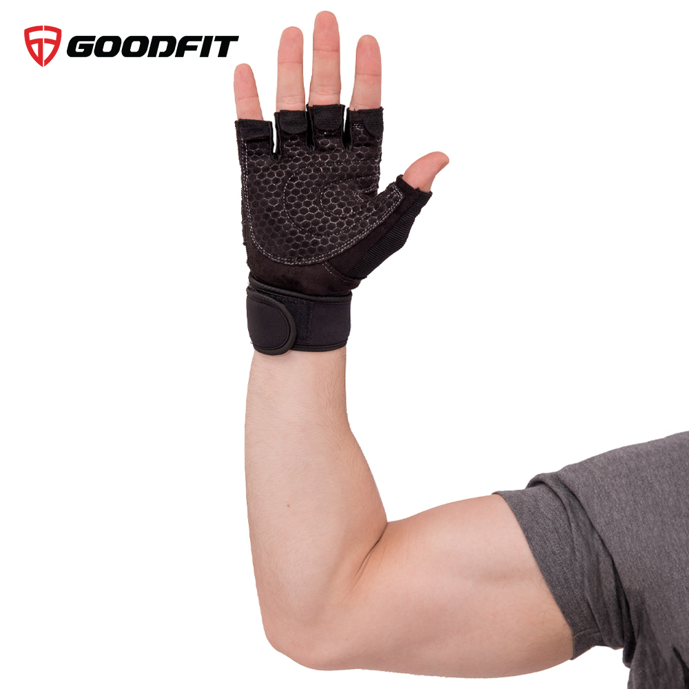 Găng tay tập gym nữ/nam hở ngón, bao tay tập Gym nữ/nam có quấn trợ lực cổ tay, đệm Silicone chống trượt GoodFit GF201G