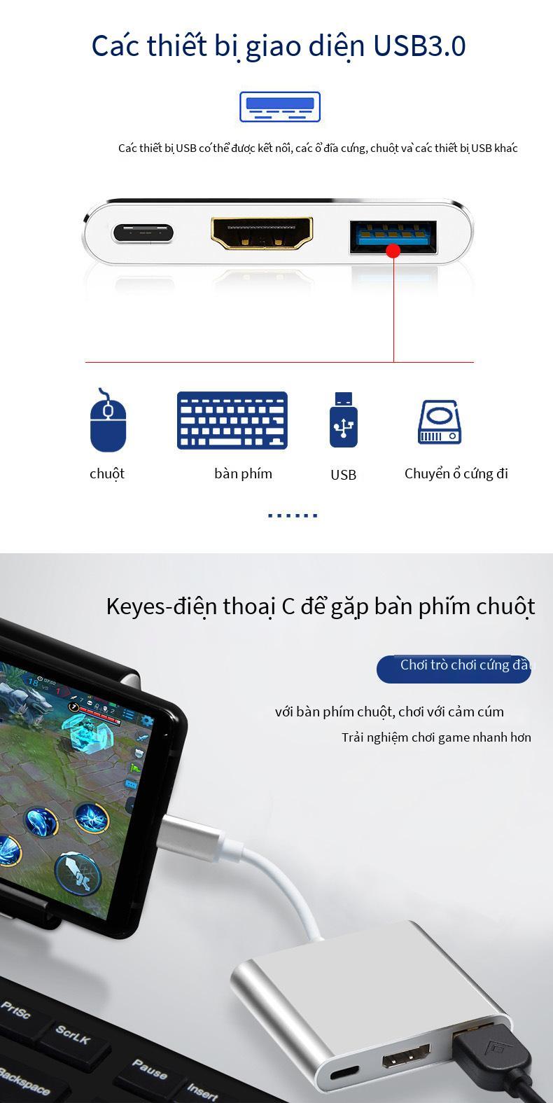 Đảm bảo chất lượng Cáp chuyển đổi 3 trong 1 vỏ nhôm 4K độ nét cao USB3.1 đế cắm đa năng chuyển đổi Type-C sang HDMI