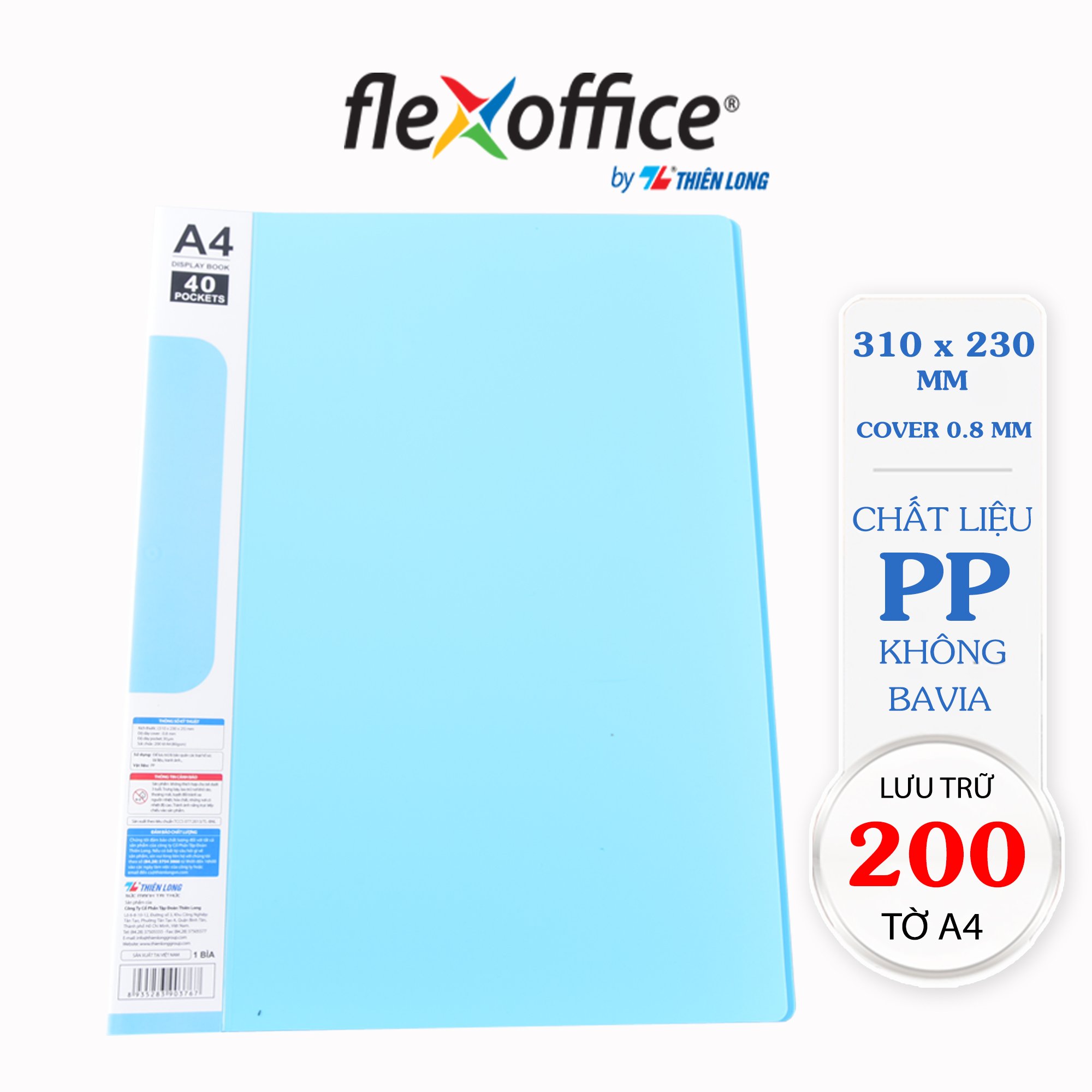 Bìa đựng hồ sơ 40 lá sức chứa 200 tờ A4 80 gsm Thiên Long Flexoffice FO-DB008