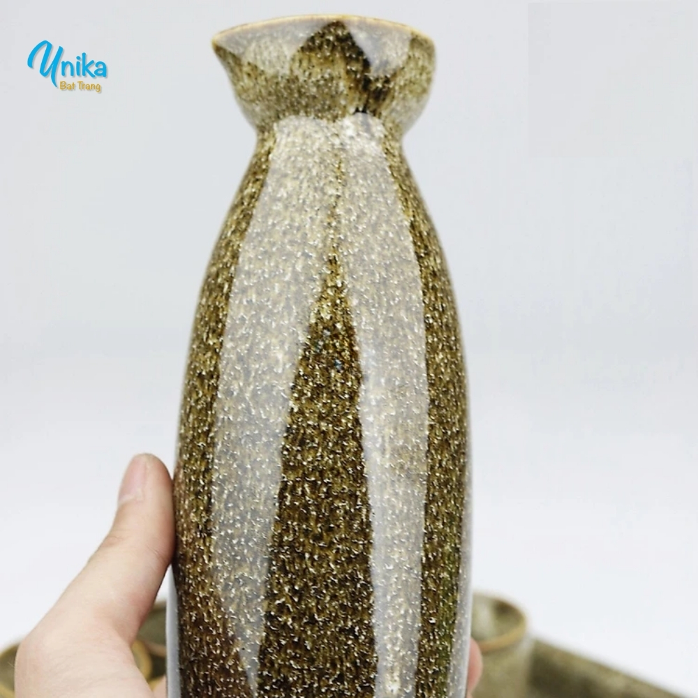 Bộ sake cao men gấm vàng khay quạt - Set sake men hỏa biến - Gốm Unika Bát Tràng