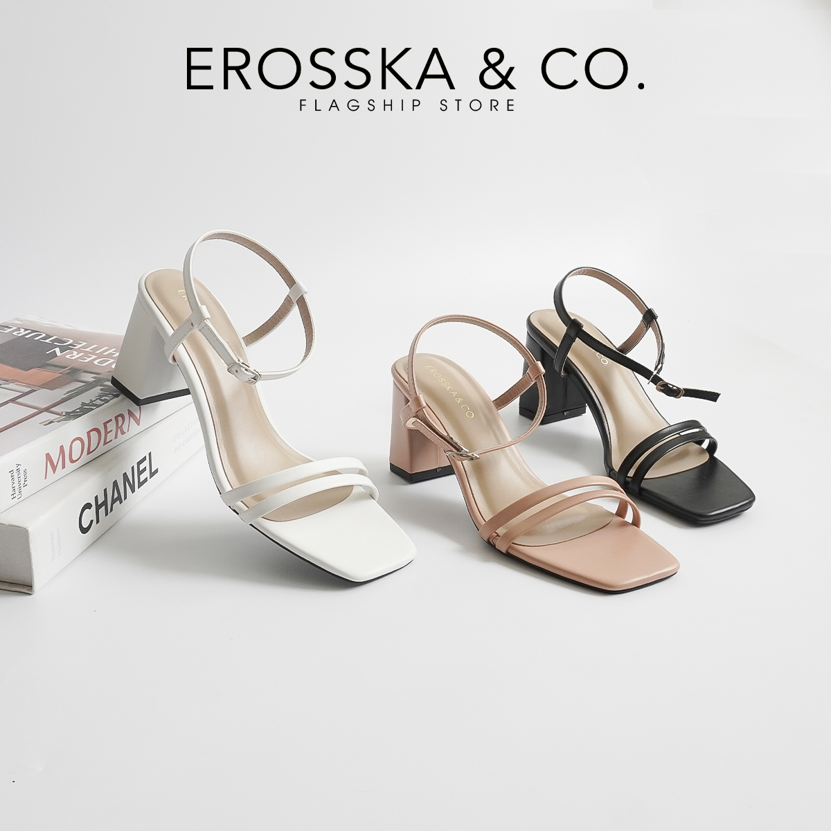 Erosska - Sandal cao gót mũi hở đế vuông phối dây quai mảnh cao 7cm - EB063
