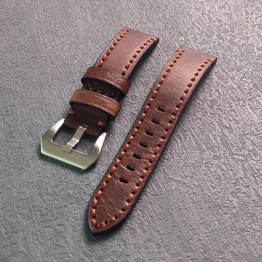 Dây da đồng hồ DA BÒ SÁP NGỰA ĐIÊN cao cấp BO-74 size 20 22 24mm - Nâu Nhạt Khóa Bạc