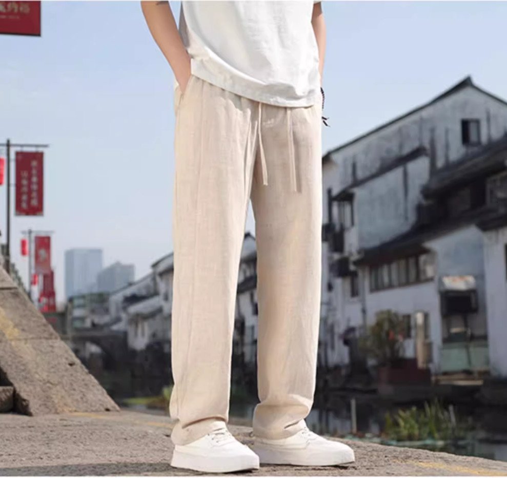 Quần ống rộng nam LINEN, dáng suông, cạp chun có dây rút tiện lợi, chất đứng form dày dặn Qd11