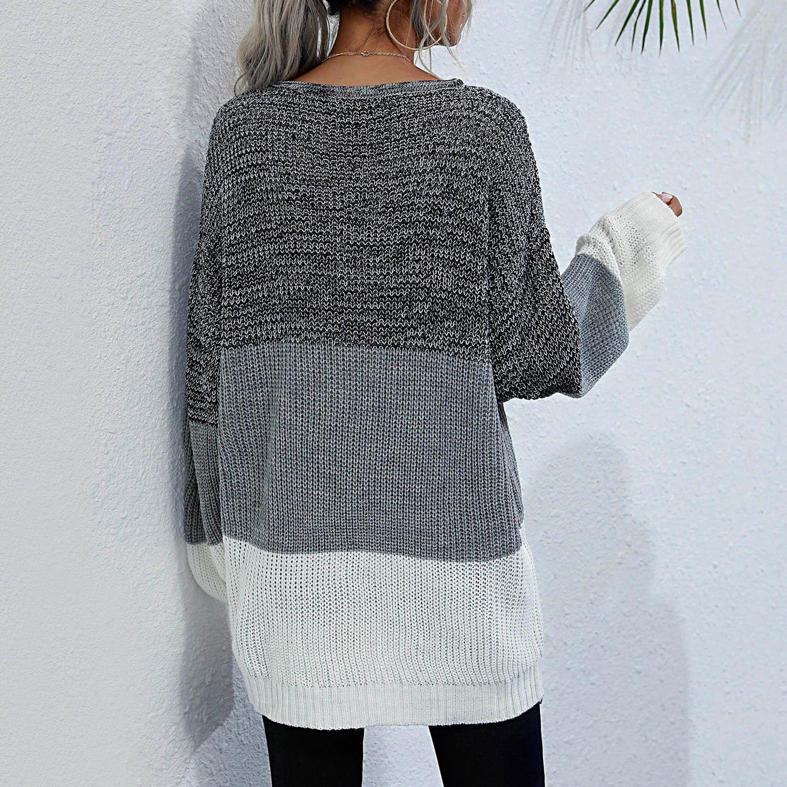 Women Knitted Sweater Splicing O Neck Long Sleeve Soft Autumn Winter Loose Pullovers Tunics Casual Jumper