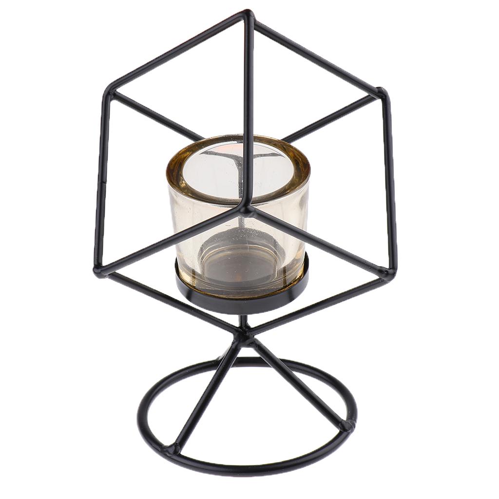 Metallic Hollow Candelabra Cube Candle Holder with Glass Cup Decor, Golden