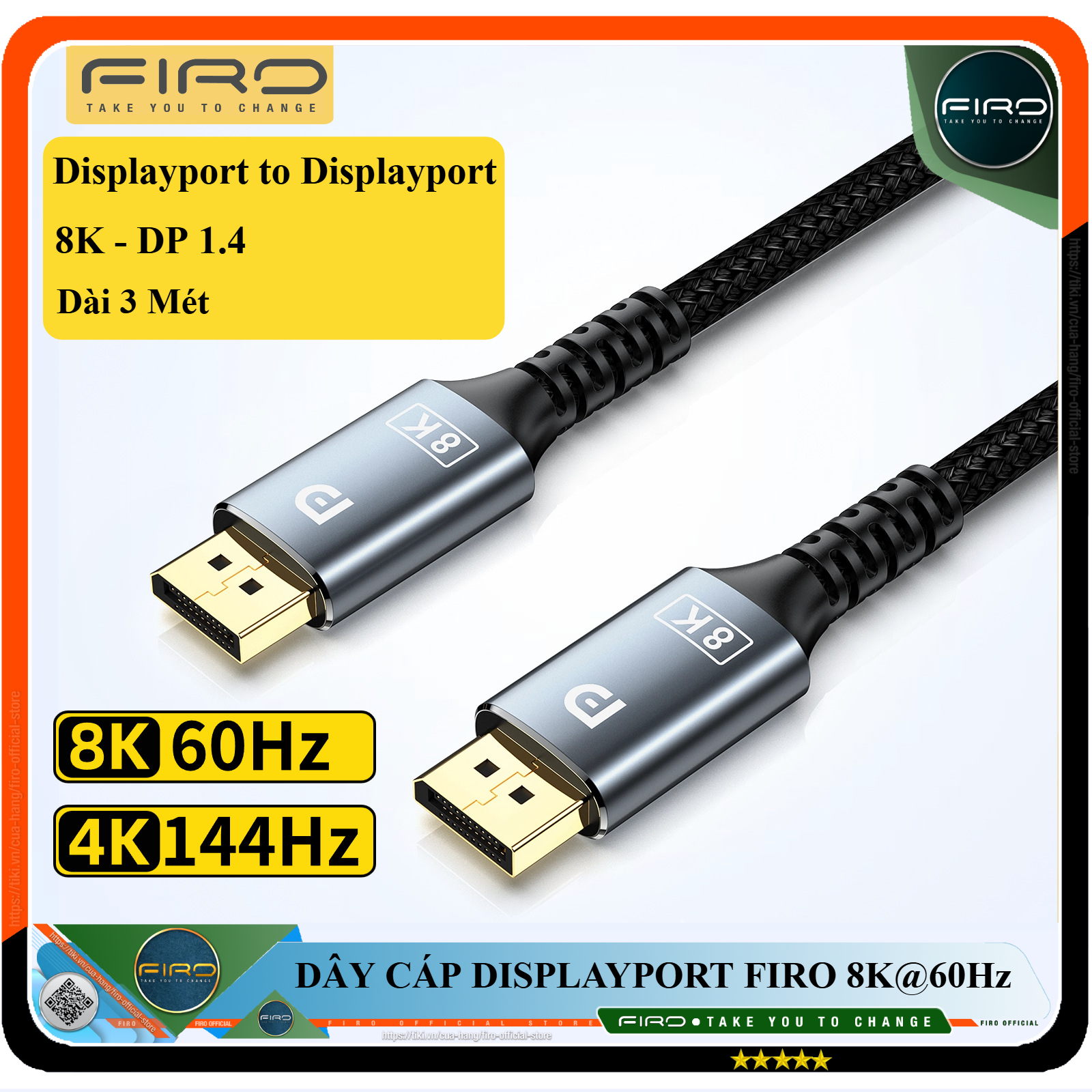 Cáp DisplayPort FIRO - Dây DisplayPort 1.4 8K/60Hz/32,4Gbps - Dây Cáp DP to DP - Dài 3M Lõi Dù Dùng Cho Tivi / Máy Tính / Playstation - Hàng Chính Hãng