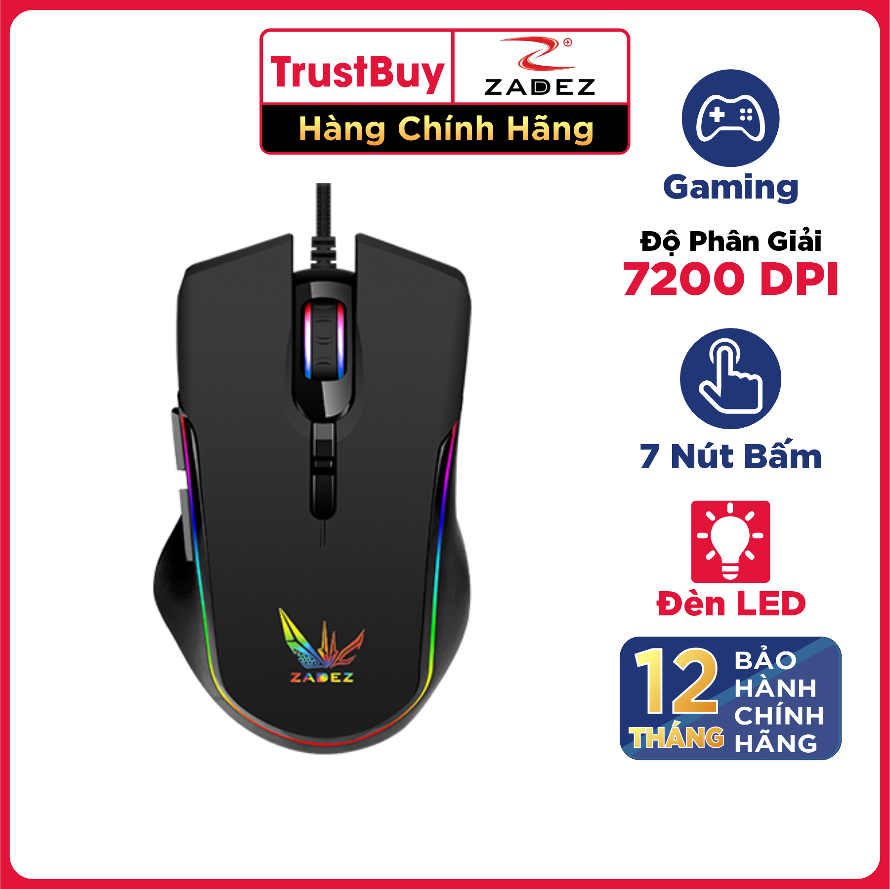 Chuột Gaming ZADEZ G156M 7200DPI, 4 Mức DPI, 7 Phím Chức Năng, Đèn LED RGB - Hàng Chính Hãng