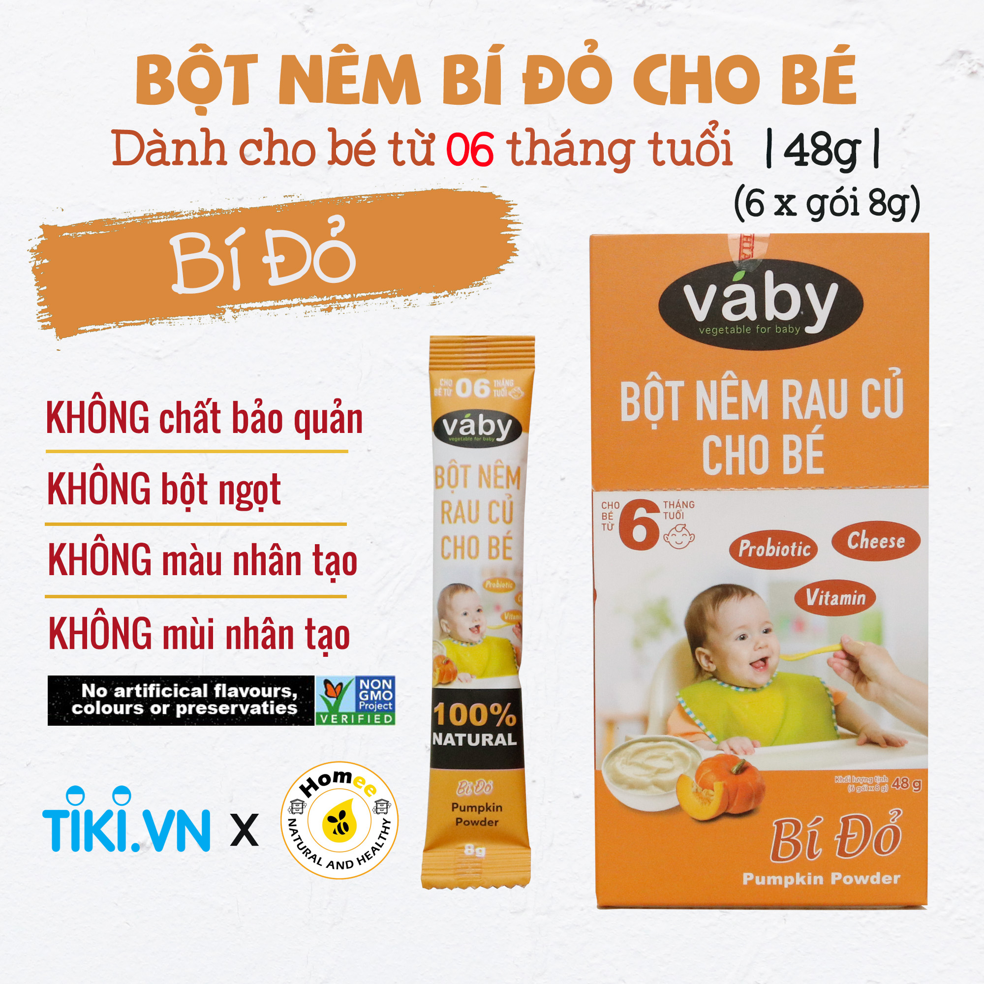 Bột nêm Bí đỏ dành cho bé ăn dặm VABY Hộp 48g (6 x gói 8g)- Gia vị nêm và rắc dành cho bé từ 6 tháng tuổi