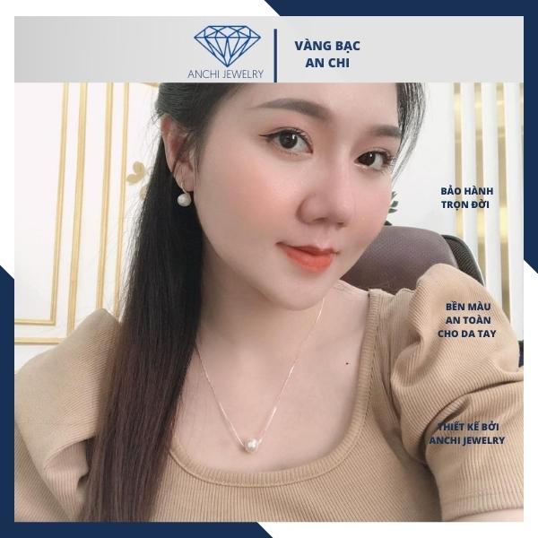 Bộ trang sức bạc đính hạt trai nước ngọt gồm dây chuyền và bông tai, Anchi jewelry